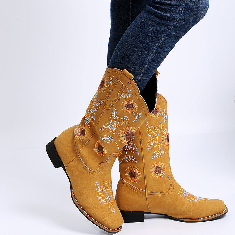 Cowboystiefel Damen, Sonnenblumen-Stickerei, Schuhe mit niedrigem Absatz, Westernstiefel