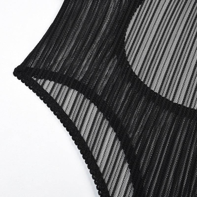 Steel Ring Gathered See-through Striped Mesh Shapewear Bodysuit - Mubimart