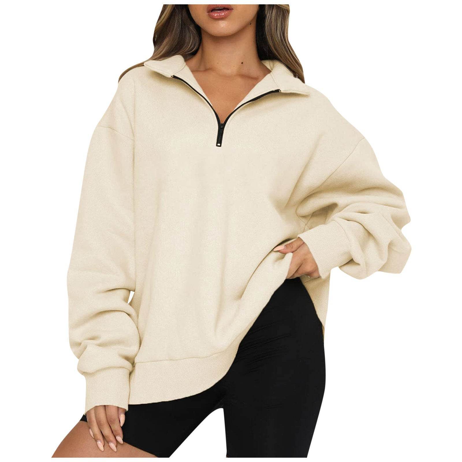 Women Sweatshirts Zip Turndown Collar Loose Casual Tops Clothes - Mubimart