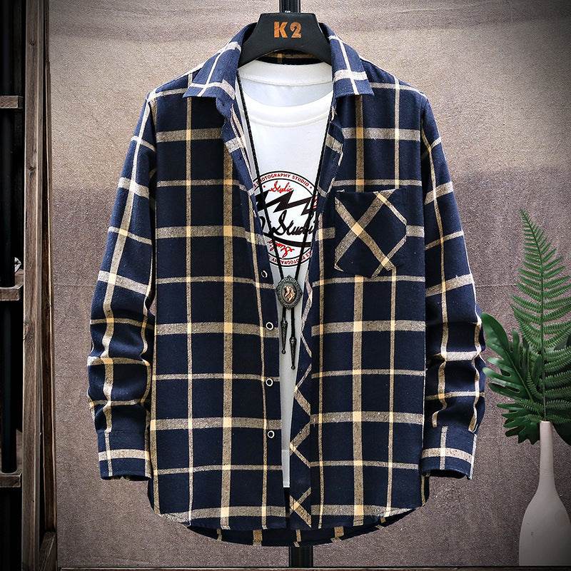 Flannel Brushed Plaid Slim Fit Long Sleeved Shirt - Mubimart