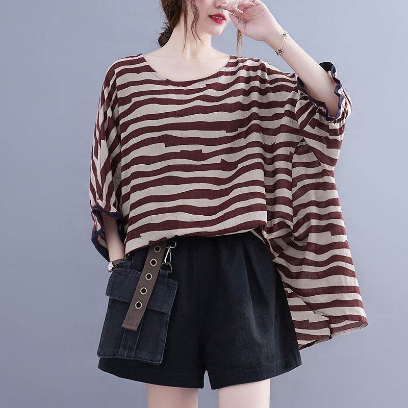 Summer Women's Loose Plus Size Striped Batwing Sleeve T-shirt - Mubimart