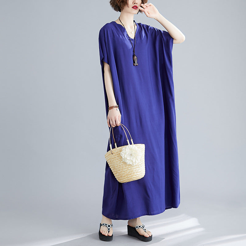 Plus Size Women's Bohemian V-neck Cotton Dress Solid Color Robe - Mubimart -  