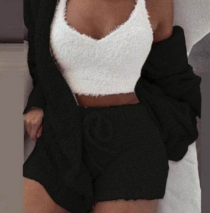 3pcs Womens Clothing Long Sleeve Crop Tank Top And Drawstring Shorts Pajama Set - Mubimart