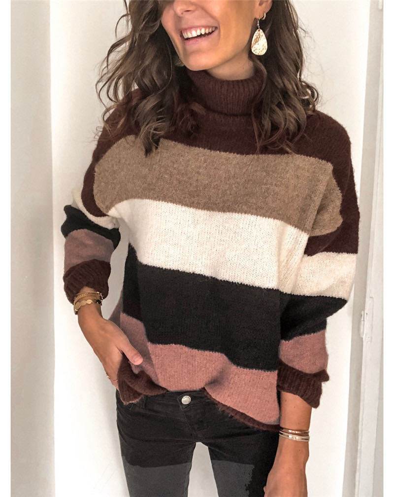 Turtleneck Stitching Knitted Sweater OL Large Size Striped Sweater - Mubimart