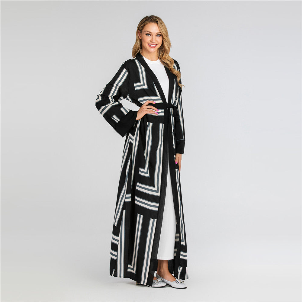 Striped Loose Lace Up Cardigan Robe Women - Mubimart -  