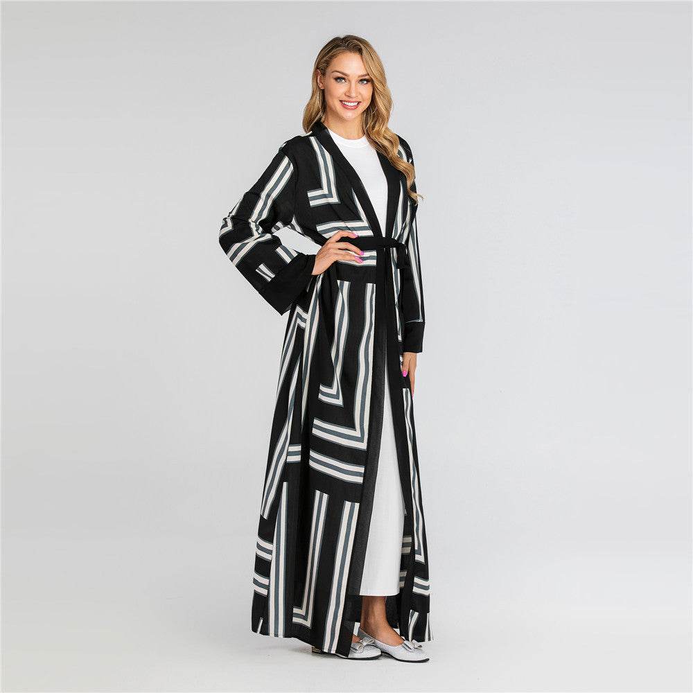 Striped Loose Lace Up Cardigan Robe Women - Mubimart
