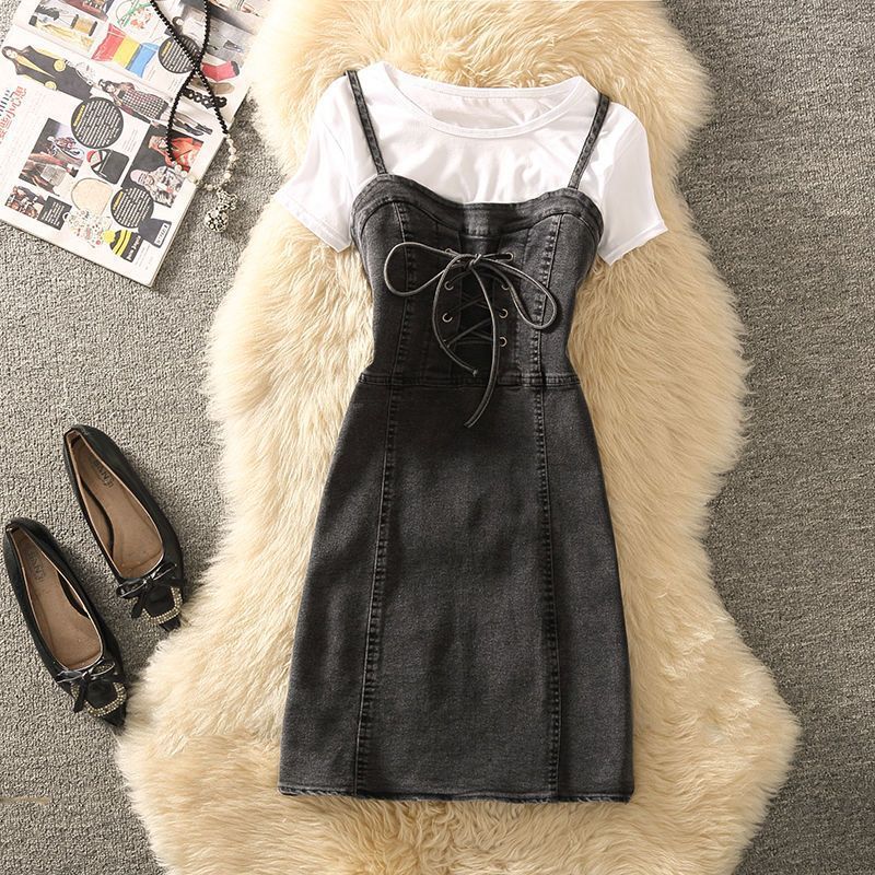 Summer Clothing Denim Braces Skirt Waist Trimming Lace Up Small Size Dress Suit - Mubimart -  