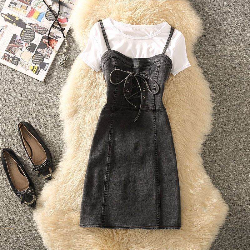 Summer Clothing Denim Braces Skirt Waist Trimming Lace Up Small Size Dress Suit - Mubimart