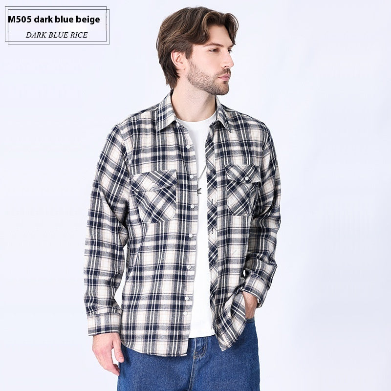 Vintage Flannel Men's Long Sleeve Brushed Plaid Shirt Coat