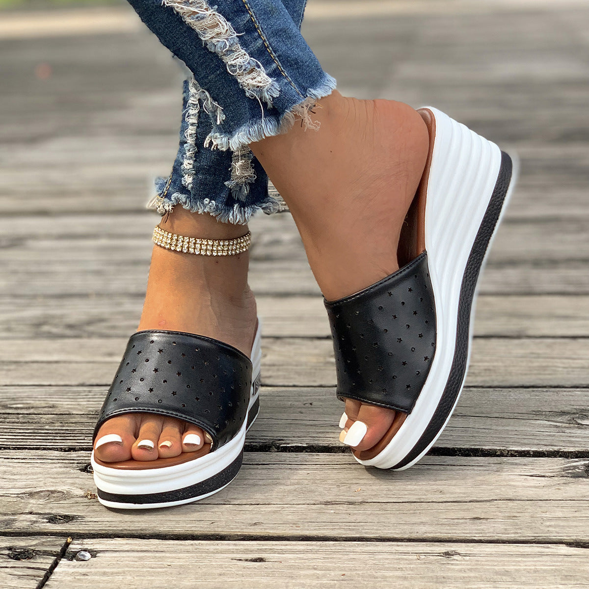 Fischmaul Keilsandalen Sommermode Hohldesign High Heels Slides Hausschuhe Casual Strandschuhe für Frauen