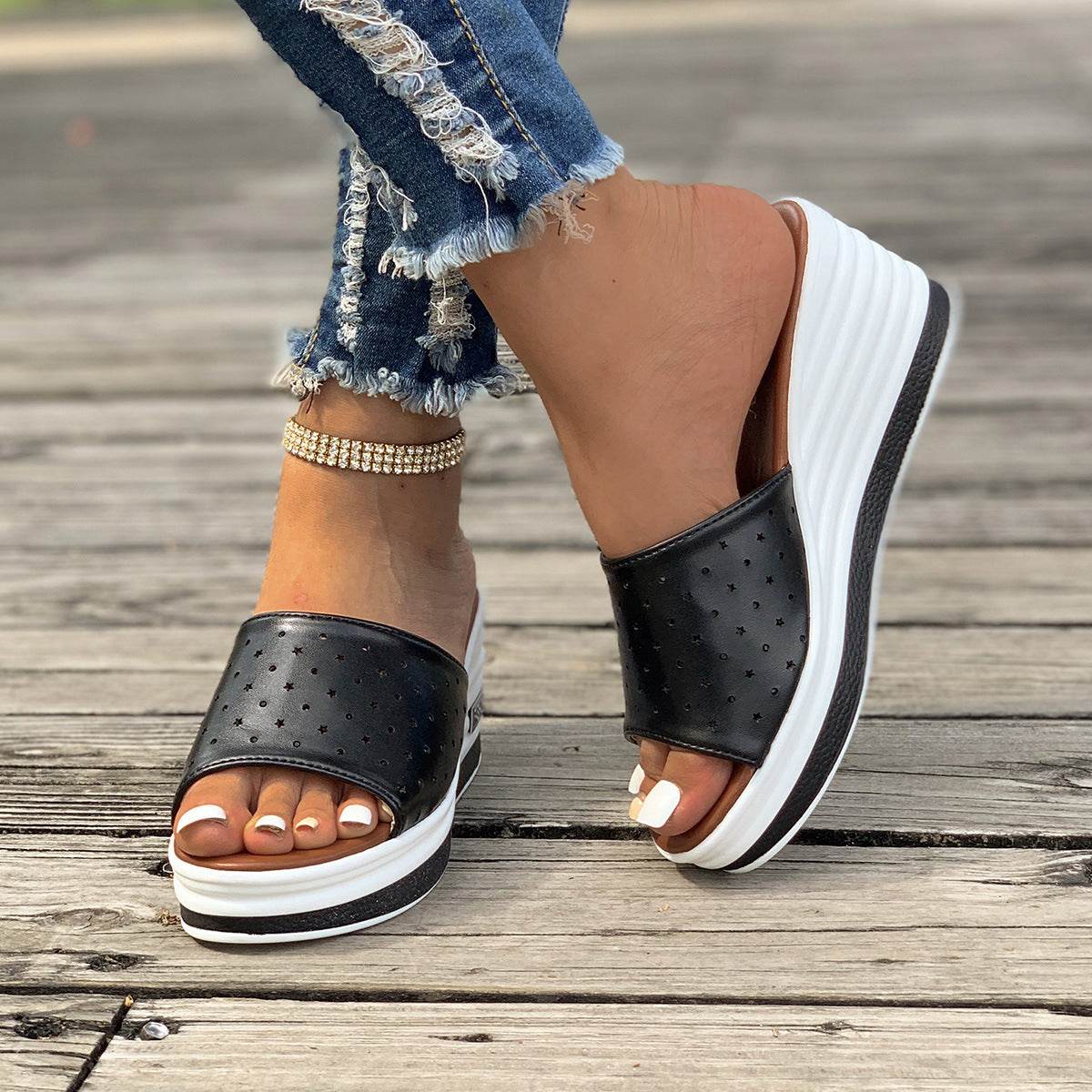 Fish Mouth Wedges Sandals Summer Fashion Hollow Design High Heels Slides Slippers Casual Beach Shoes For Women - Mubimart