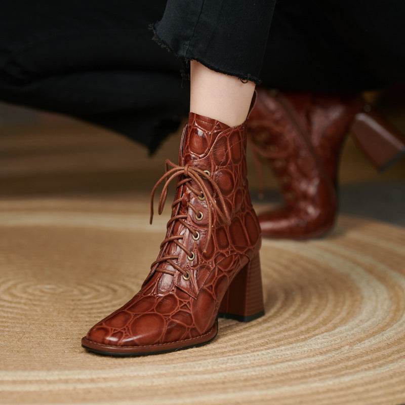 Women's Thick Heel Martin Boots Lace Up High Heels - Mubimart