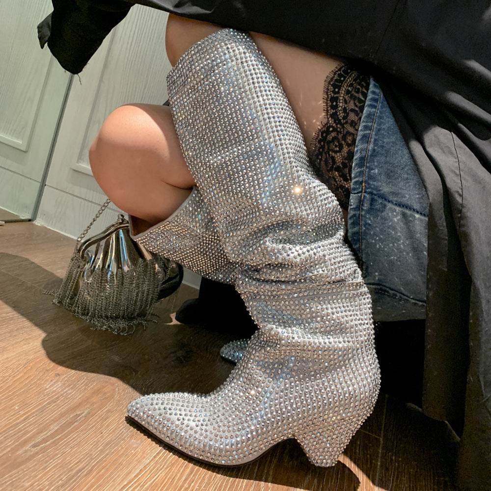 Tapered Heel Silver Rhinestone Tall Fashion Women's Boots - Mubimart