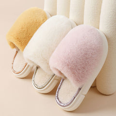 Fuzzy House Slippers Winter Warm Plush Faux Rabbit Fur Bedroom Shoes - Mubimart - Fuzzy Slipper 