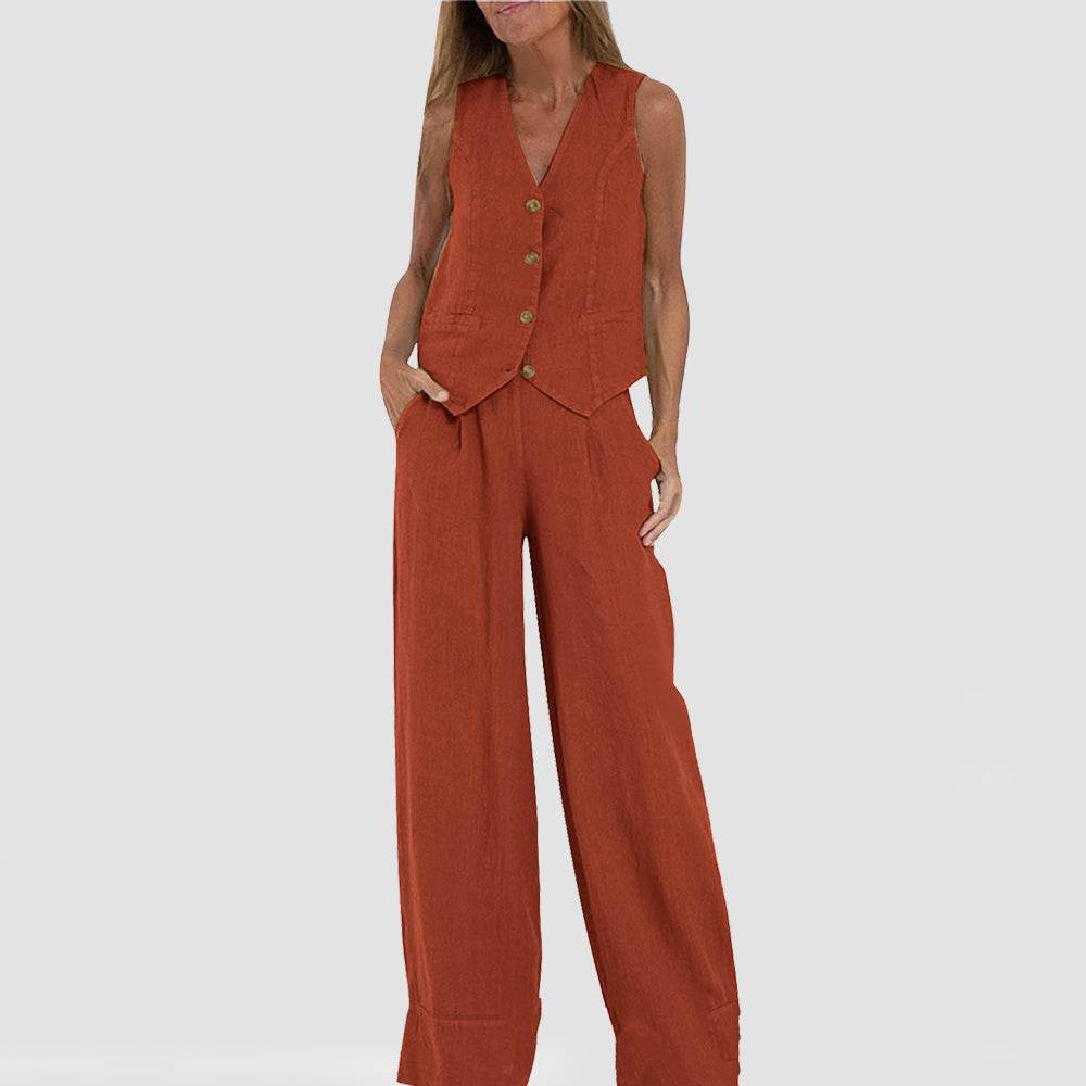 Summer Vest Suits V-neck Botton Sleeveless Top And Loose Straight Trousers Casual Womens Clothing - Mubimart