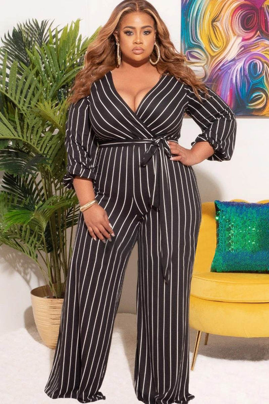 Women's Placement Print Striped Plus Size V-Neck Jumpsuit - Mubimart