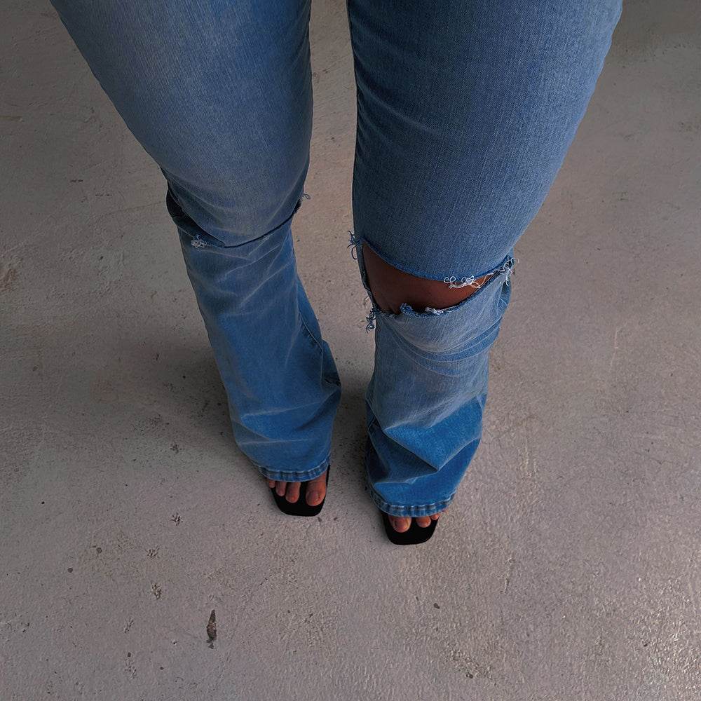 Irregular Hole Super High-rise Straight-leg Micro-flare Jeans - Mubimart