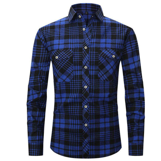 Men's Long Sleeve Double Pocket Flannel Shirt With Brushed Plaid - Mubimart