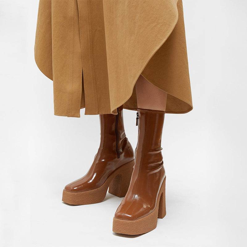 Square Toe Platform Platform High Heel Boots - Mubimart