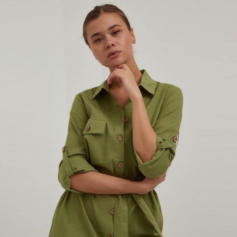 Women's Plus Size Loose Green Casual Waist Tight Dress - Mubimart