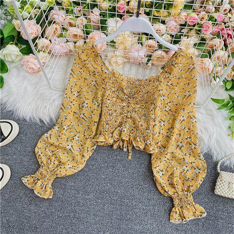 Sweet Square Neck Blouse Floral Chiffon Shirt Women - Mubimart