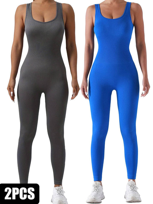 2 Pack Women's Ribbed Solid Color One-Piece Jumpsuit, Form-Fitting Sensual Activewear, Classic Sleeveless Full-Length Pants For Sport Casual Wear - Mubimart