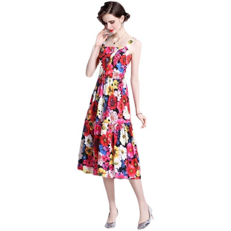 French Slip Dress Summer Print Flounces Vacation - Mubimart