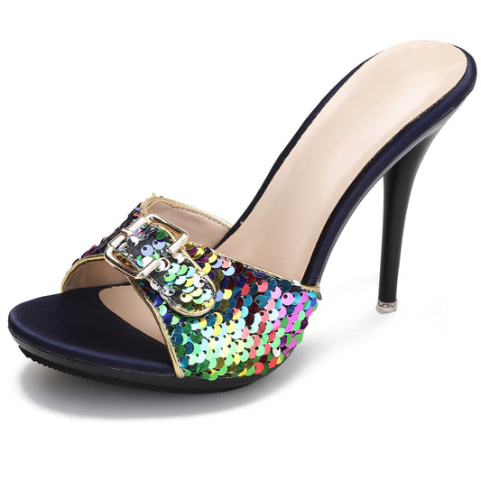 Fashionable Color Snake Pattern Square Buckle Sandal - Mubimart