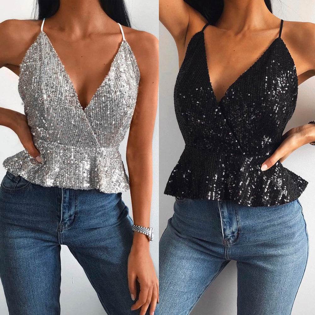 Women Sexy Luxury Sequined Crop Top Peplum Sleeveless Cropp - Mubimart