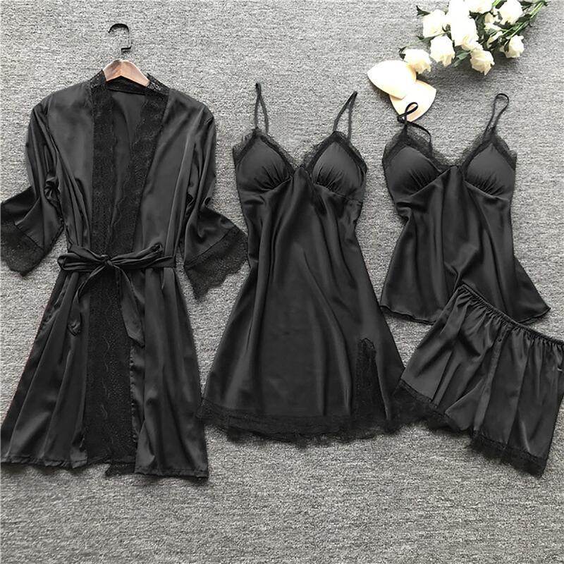 Silk pajama four piece set - Mubimart -  