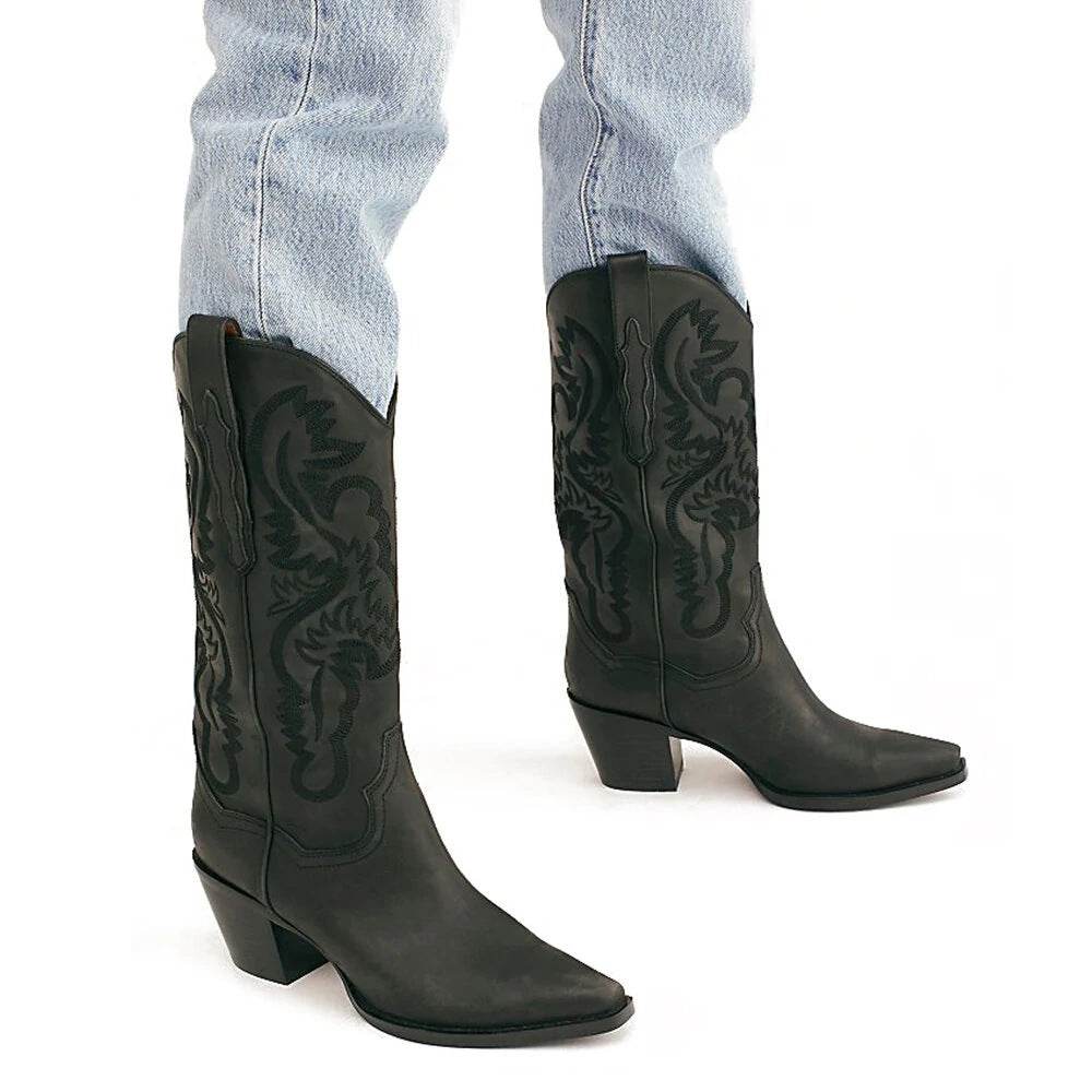 Embroidered Sleeve High Cowboy Boot For Women - Mubimart