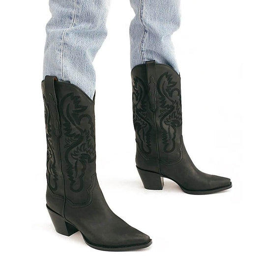 Embroidered Sleeve High Cowboy Boot For Women - Mubimart