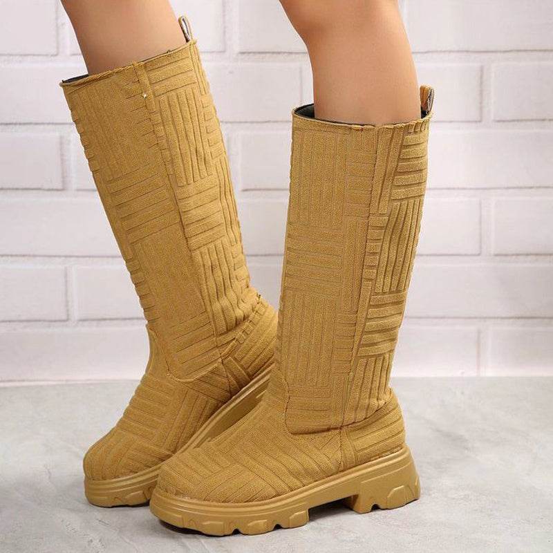 Mid Calf Boots Fashion Platform Western Boots Women Autumn Winter Shoes - Mubimart