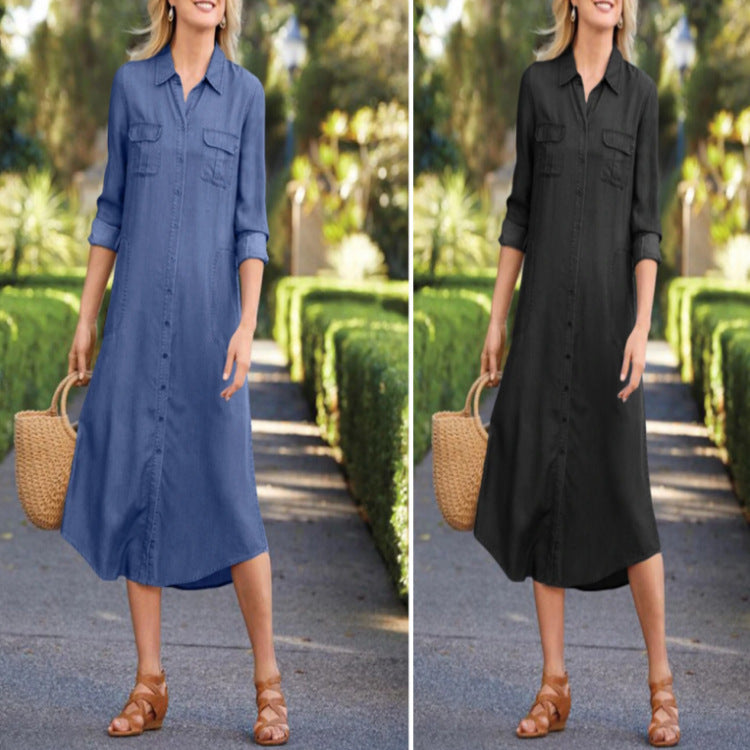 Denim Multi-pocket Dress Elegant Large Size - Mubimart -  