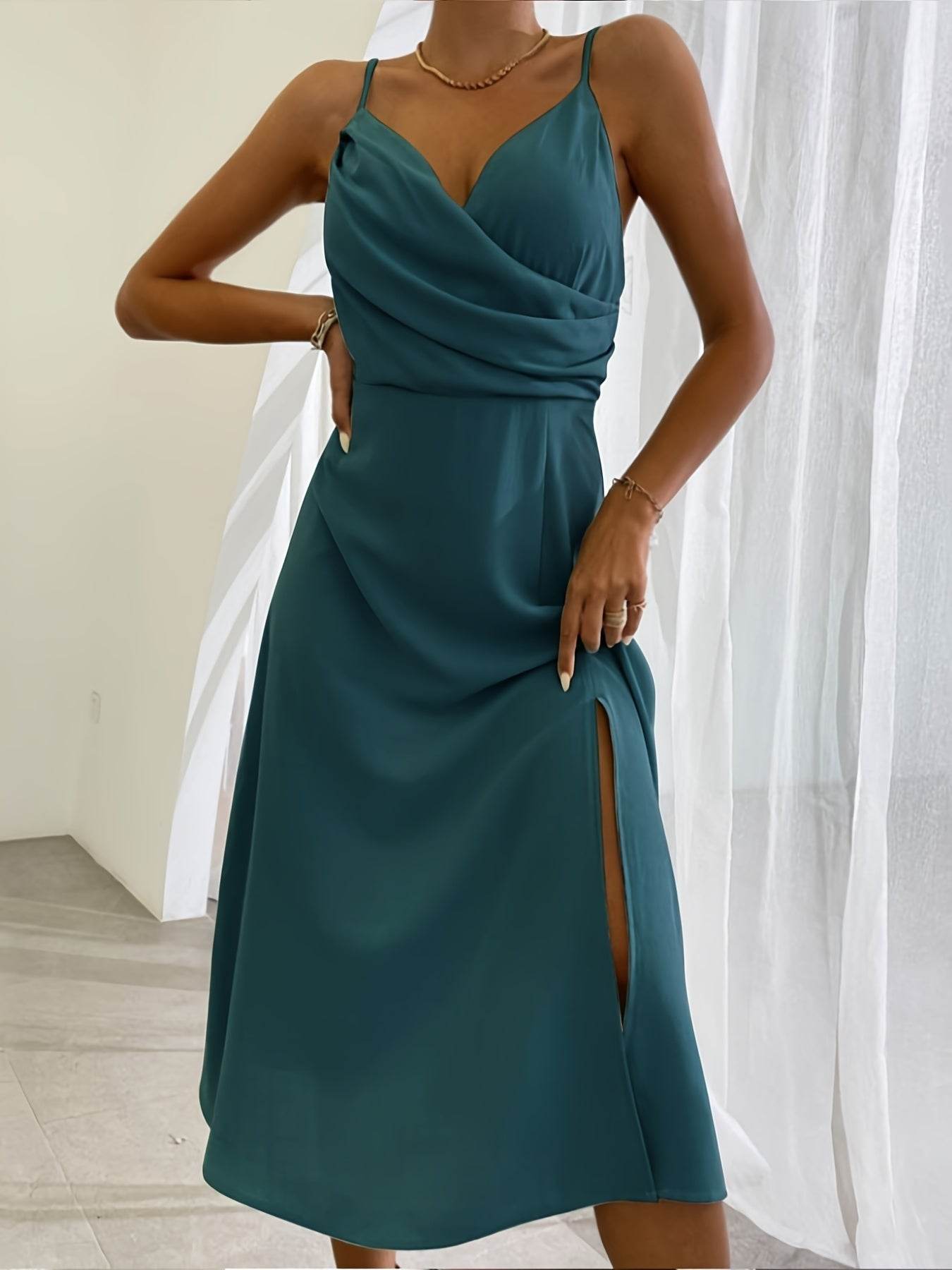 V-neck Slip Dress Low Cut Printed Slit Dress - Mubimart