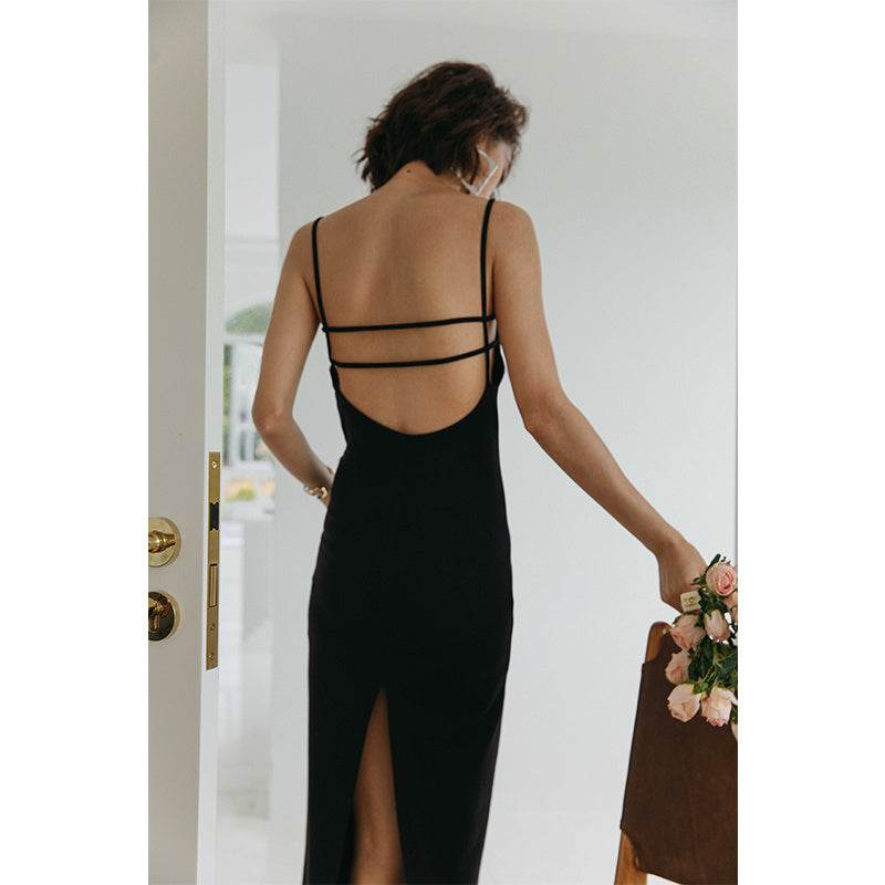 Women's Slip-Neck Black Slim Knit Slip Dress - Mubimart