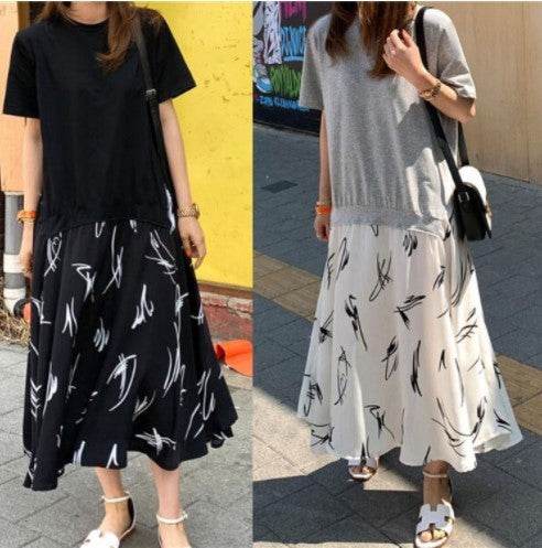 Summer Casual Plus Size Female Stitching Printing Dress - Mubimart