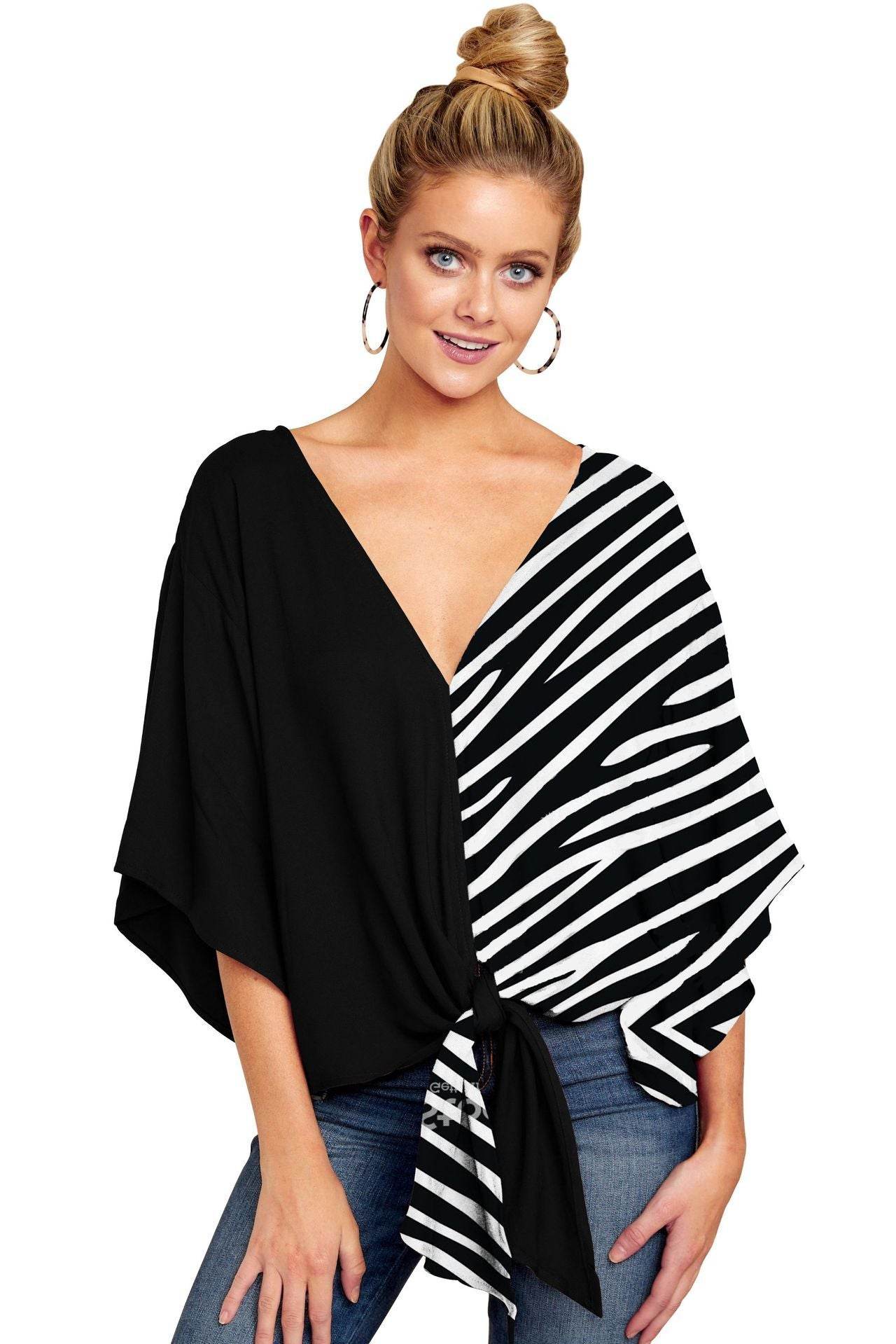 New V Neck Blouse Women Leopard Print Shirts Floral Tie Front Blouses Batwing Summer Oversize Ladies Tops - Mubimart
