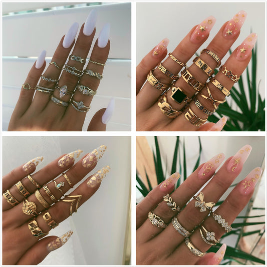 European And American Geometric Diamond Butterfly Flower XINGX Multiple Pieces Set Ring