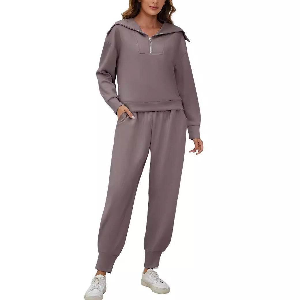 Long Sleeve Lapel Sweatshirt High Waist Workout Pants Two-piece Set - Mubimart