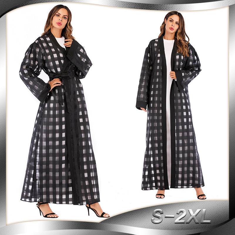 Muslim Plaid Loose Sleeved Lace Up Robe For Women - Mubimart