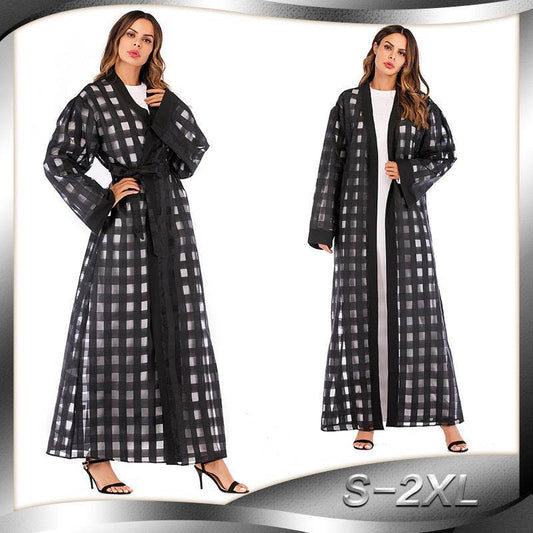Muslim Plaid Loose Sleeved Lace Up Robe For Women - Mubimart