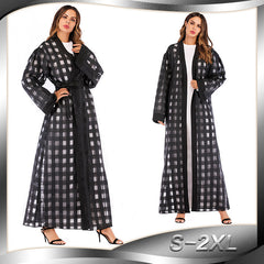 Muslim Plaid Loose Sleeved Lace Up Robe For Women - Mubimart - Robe 