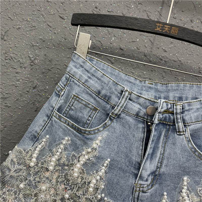 Heavy Industry Western Style Beaded Denim Shorts For Women - Mubimart