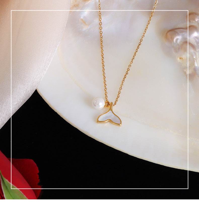 Fashion Upscale Jewelry Pearl Whale Tail Cameo Shell Charms Chain Choker Necklaces Pendants For Women - Mubimart