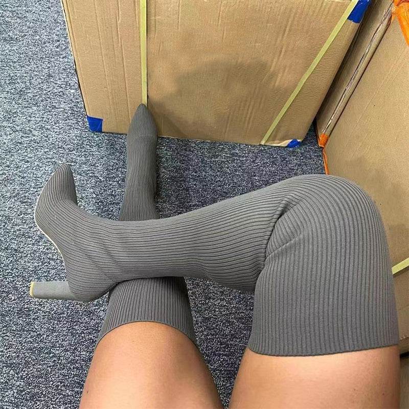 Over Knee Long Boots Pointed Toe High Heel Stretch Knitting Shoes Women Winter Boot - Mubimart
