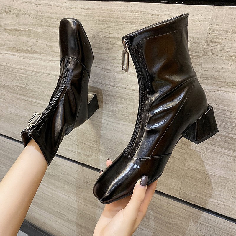 Square Toe Block Heel Zipper High Heel Martin Boots