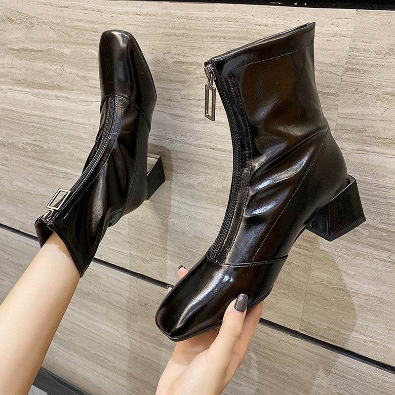 Square Toe Block Heel Zipper High Heel Martin Boots - Mubimart