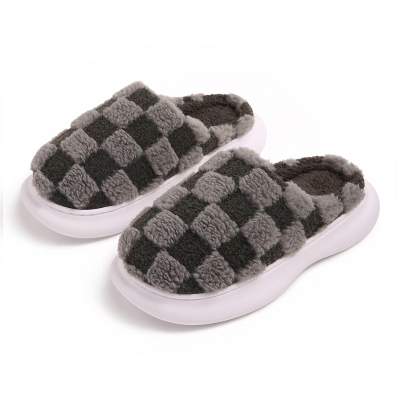 Checkerboard Plus Velvet Thick Cotton Slipper - Mubimart -  