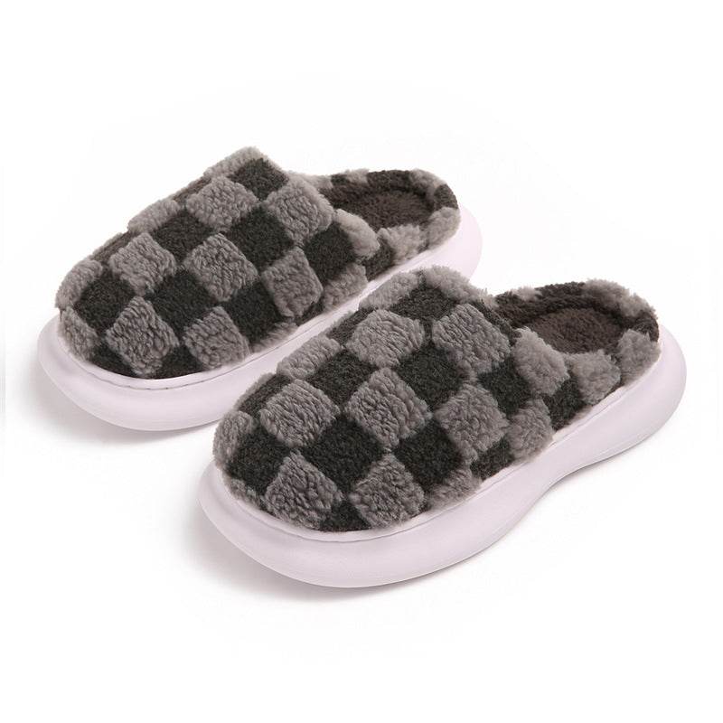 Checkerboard Plus Velvet Thick Cotton Slipper - Mubimart
